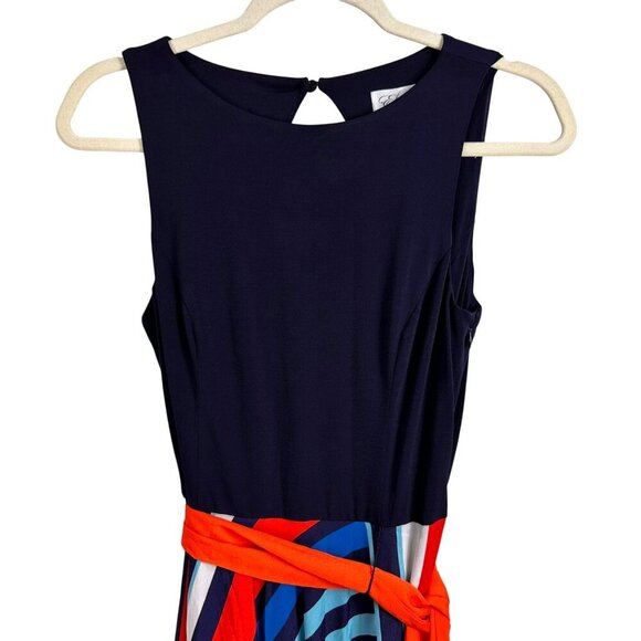 Eliza J Maxi Dress Women 6 Jersey Navy Red Scarf Geometric Sash Flowy A-Line - Picture 5 of 14